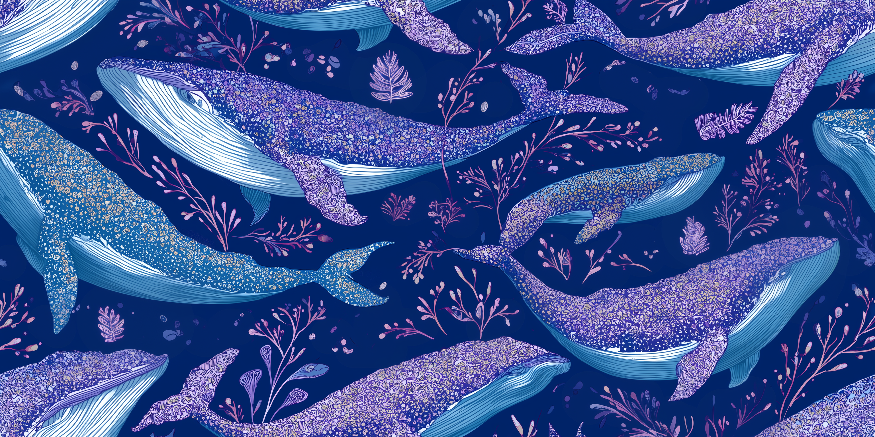 Pattern of blue whales and sea plants on a dark blue background