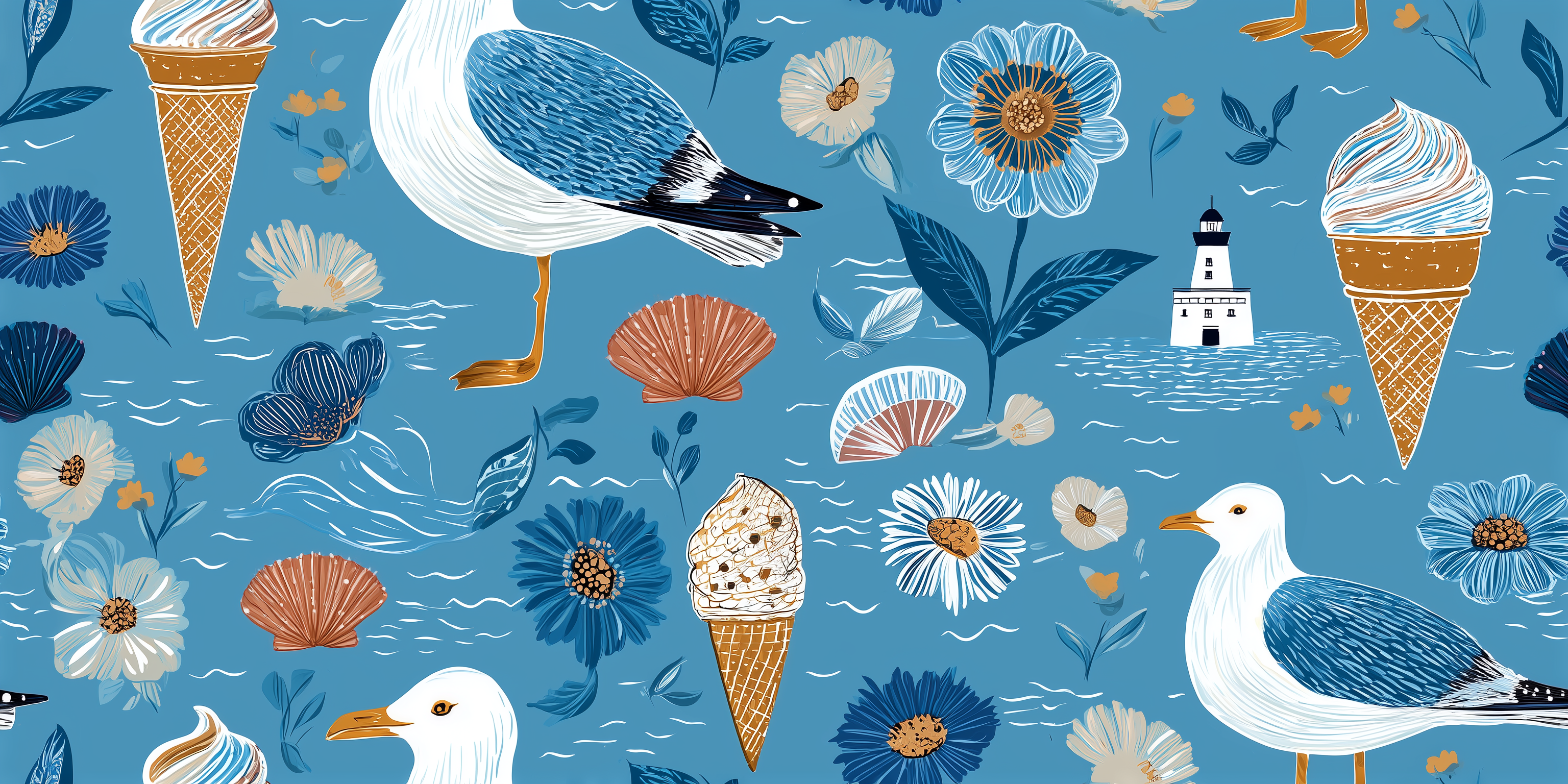 Pattern with seagulls, ice cream cones, flowers, and a lighthouse on a blue background.