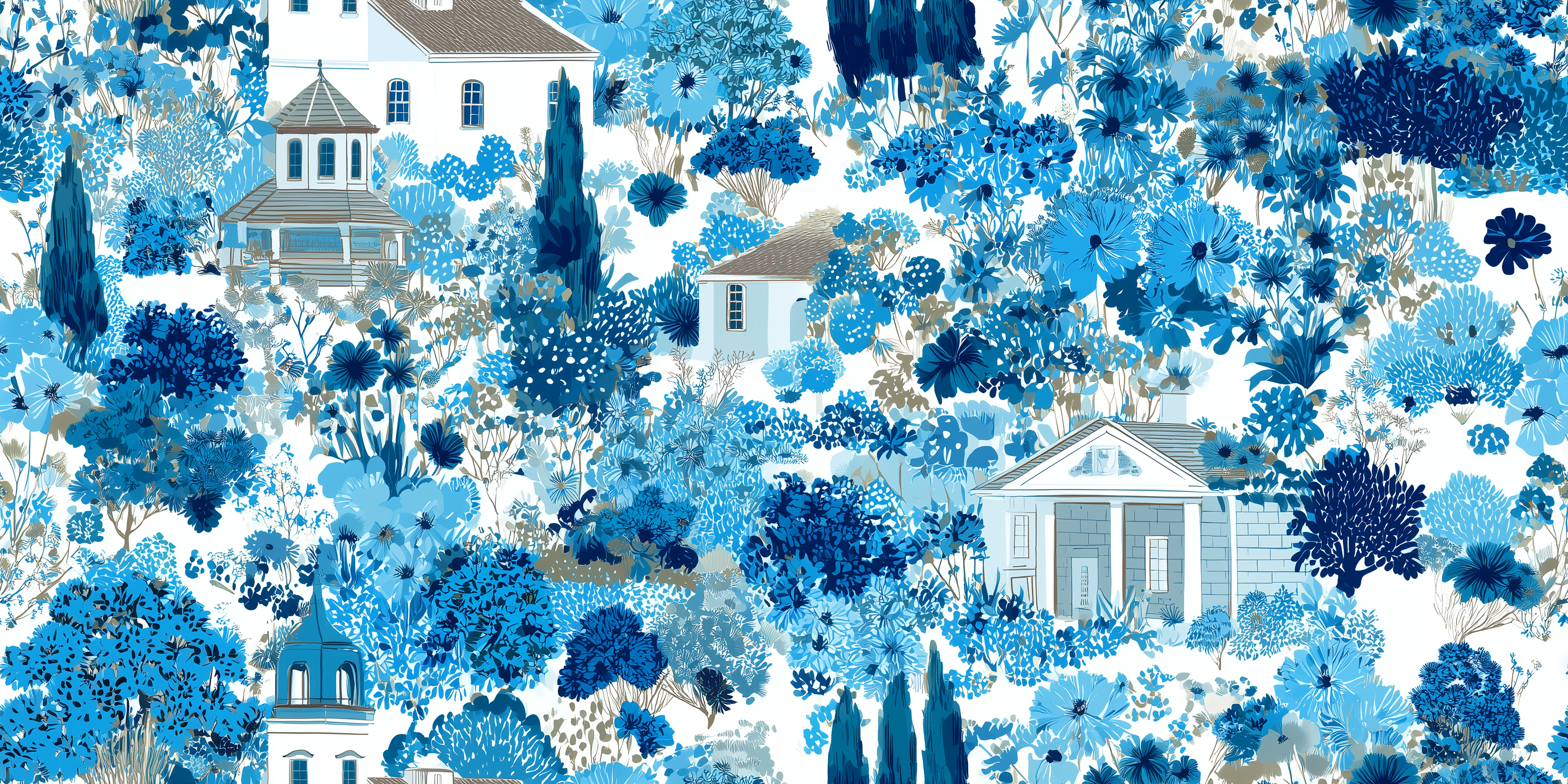 Pattern of blue floral and white house design