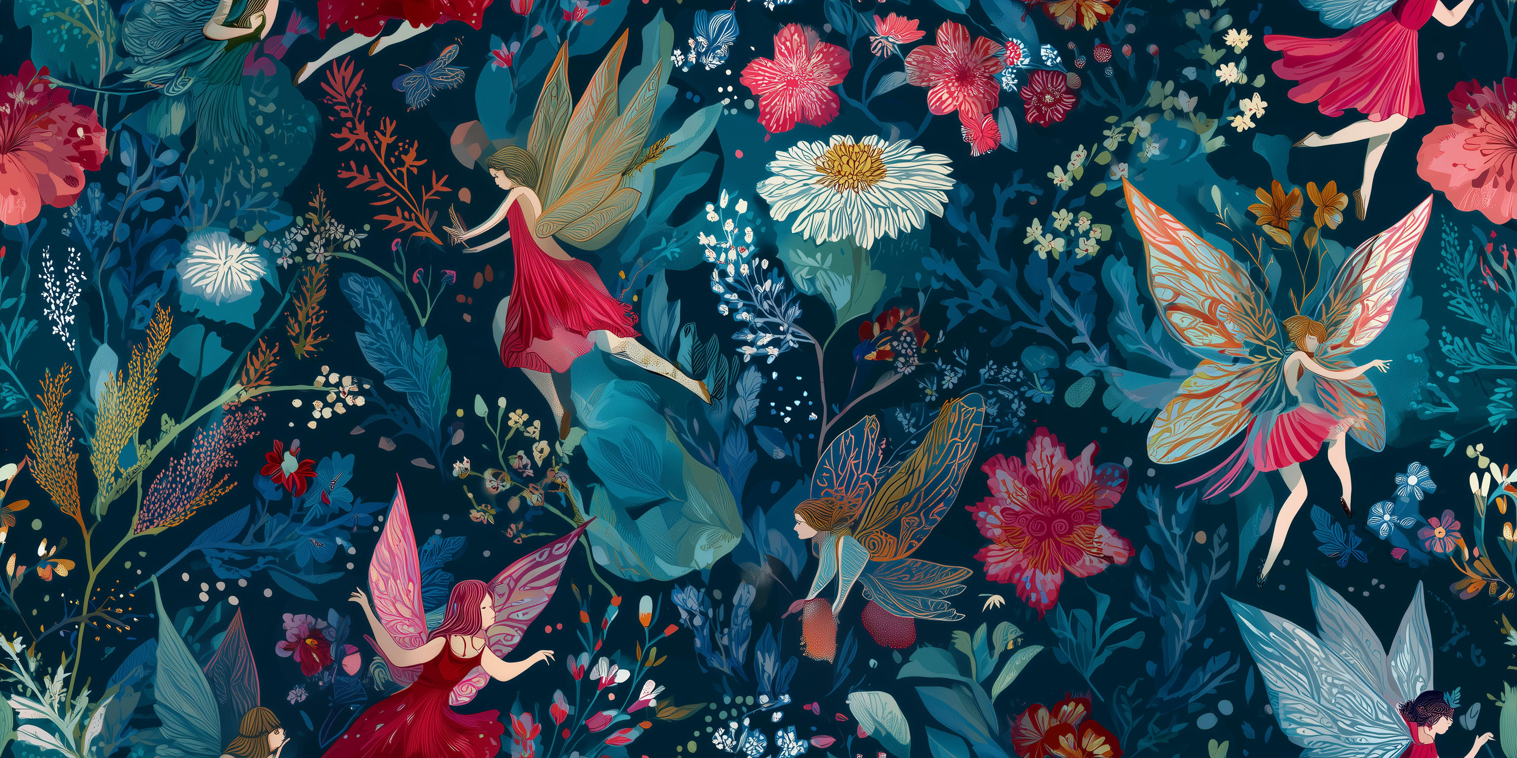 Colorful fairies and flowers in a fantasy setting