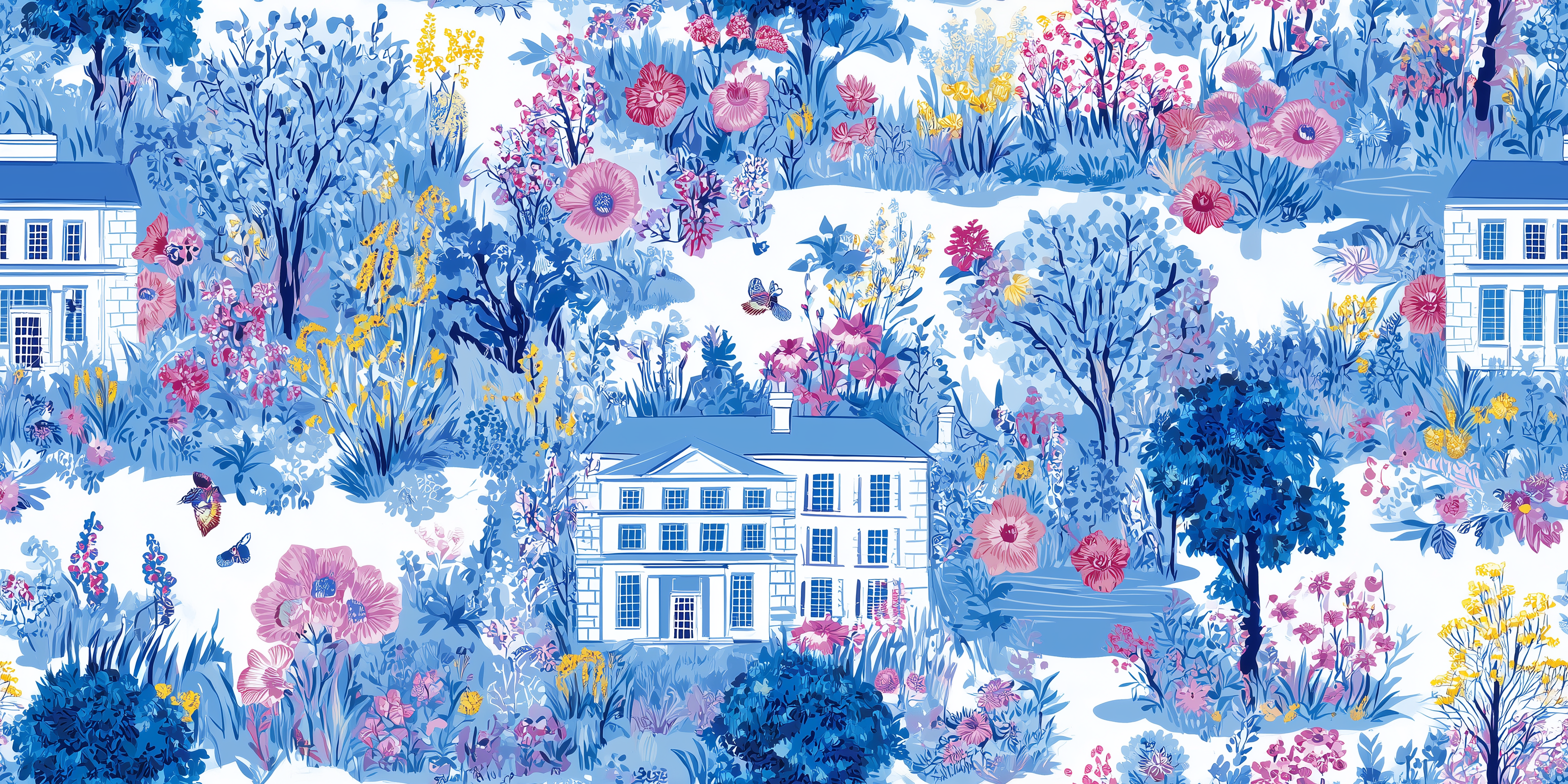 Decorative pattern with houses, trees, and flowers in blue and pink tones.