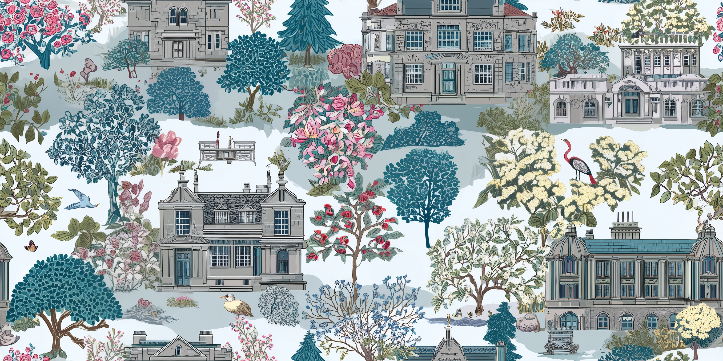 Pattern with houses, trees, and flowers in a decorative style.