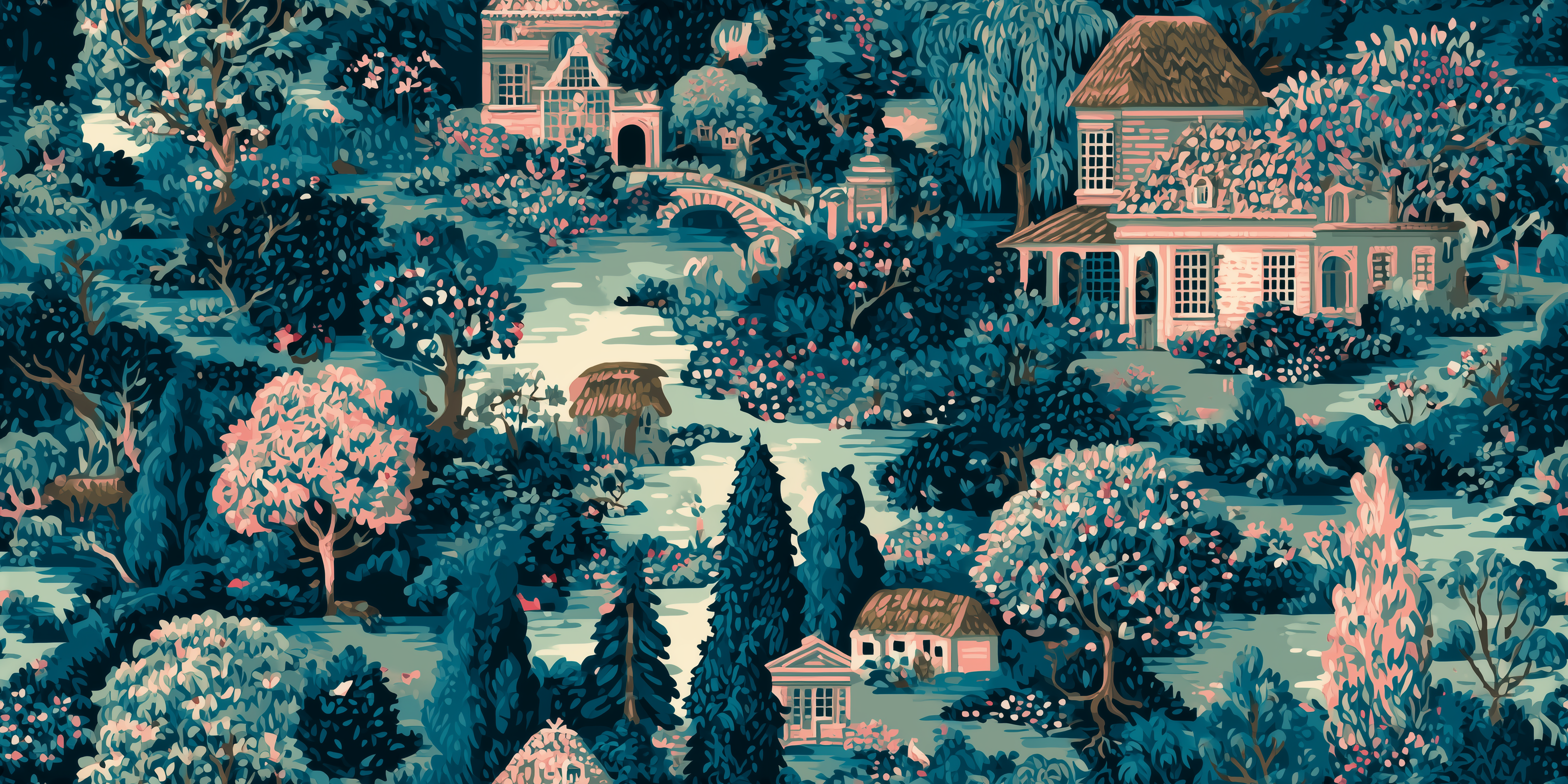 Decorative pattern with a garden scene featuring houses, trees, and flowers.