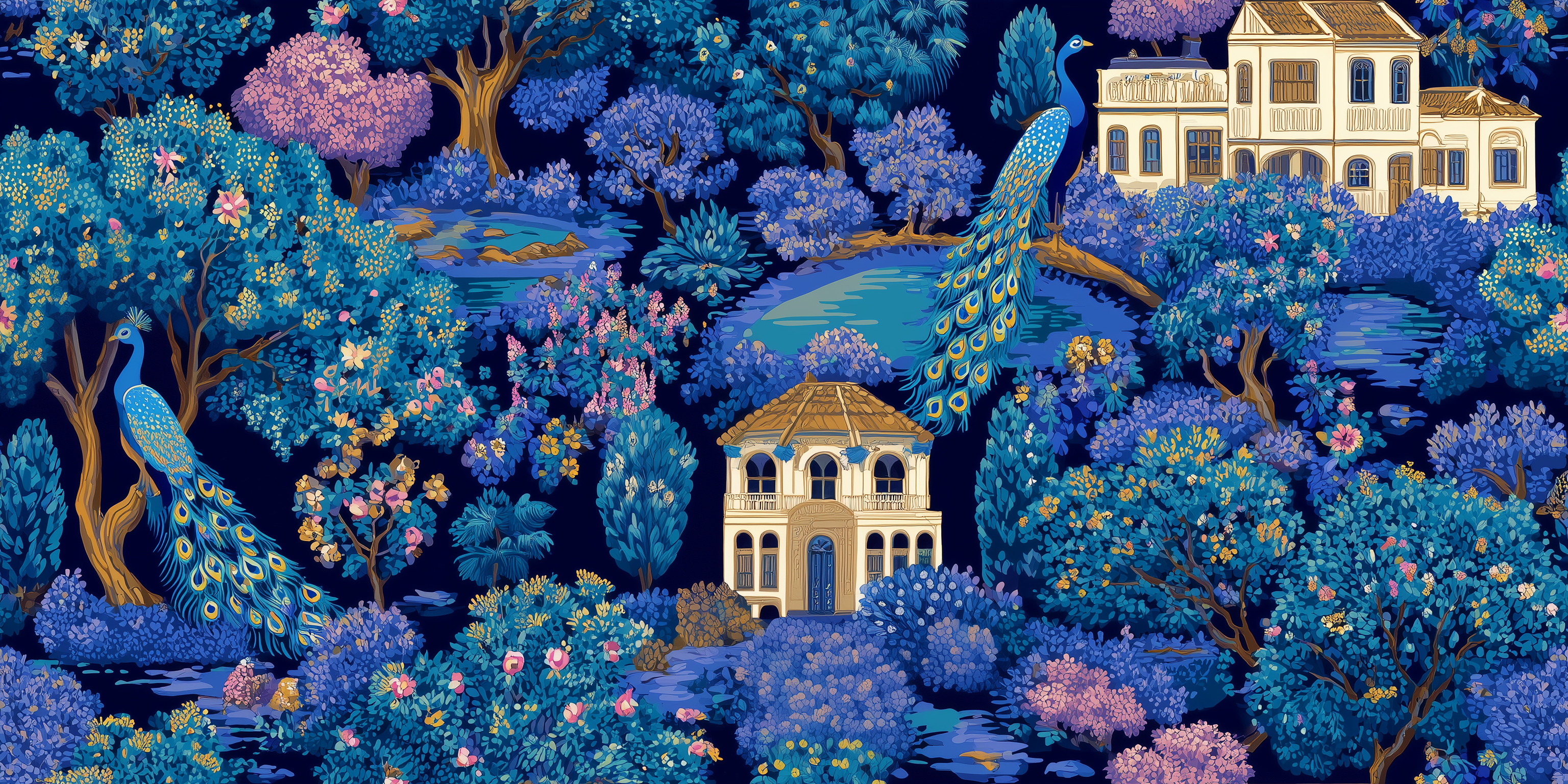 Colorful illustration of a garden with peacocks, houses, and trees on a dark blue background.