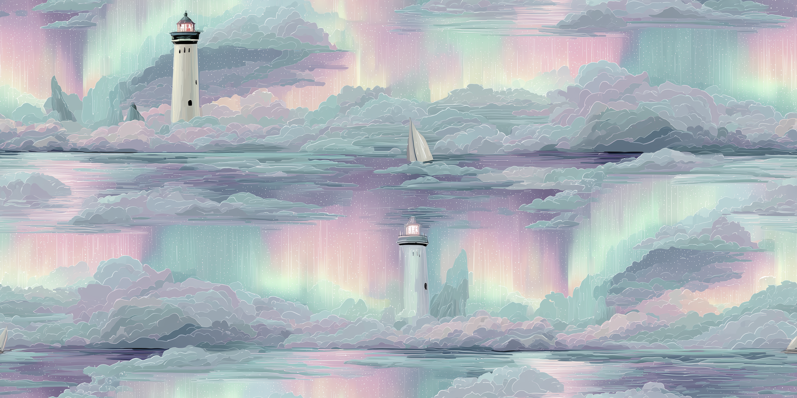 coastal lighthouse and northern lights landscape in pastel tones.  