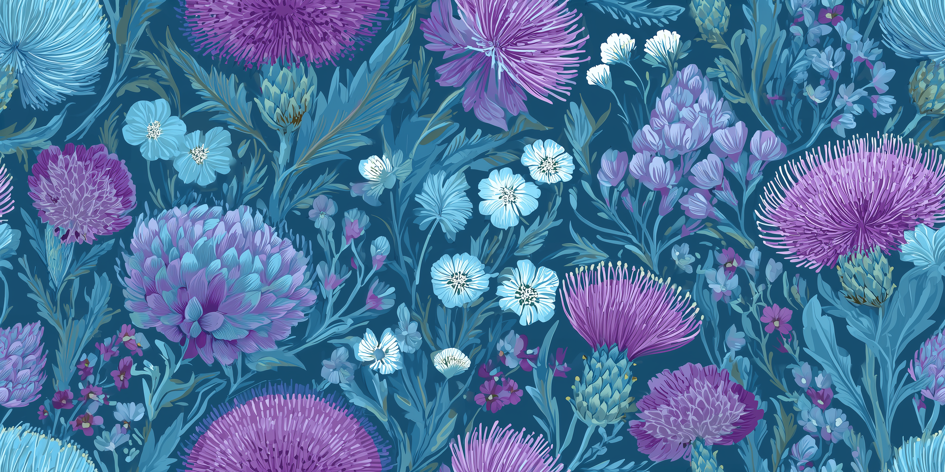 Pattern of purple and blue flowers on a dark blue background