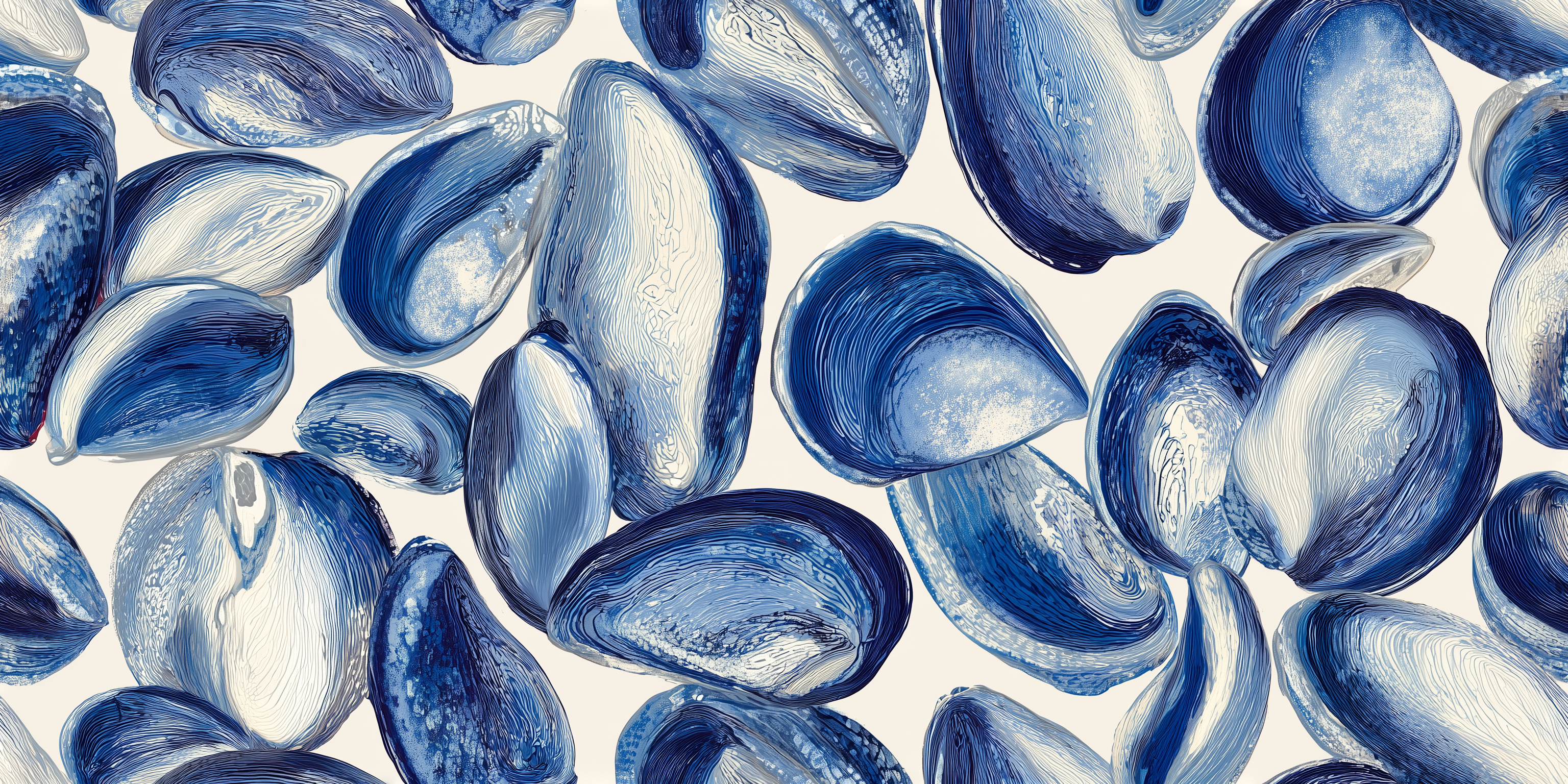 Pattern of blue Cornish mussel shells on a light background