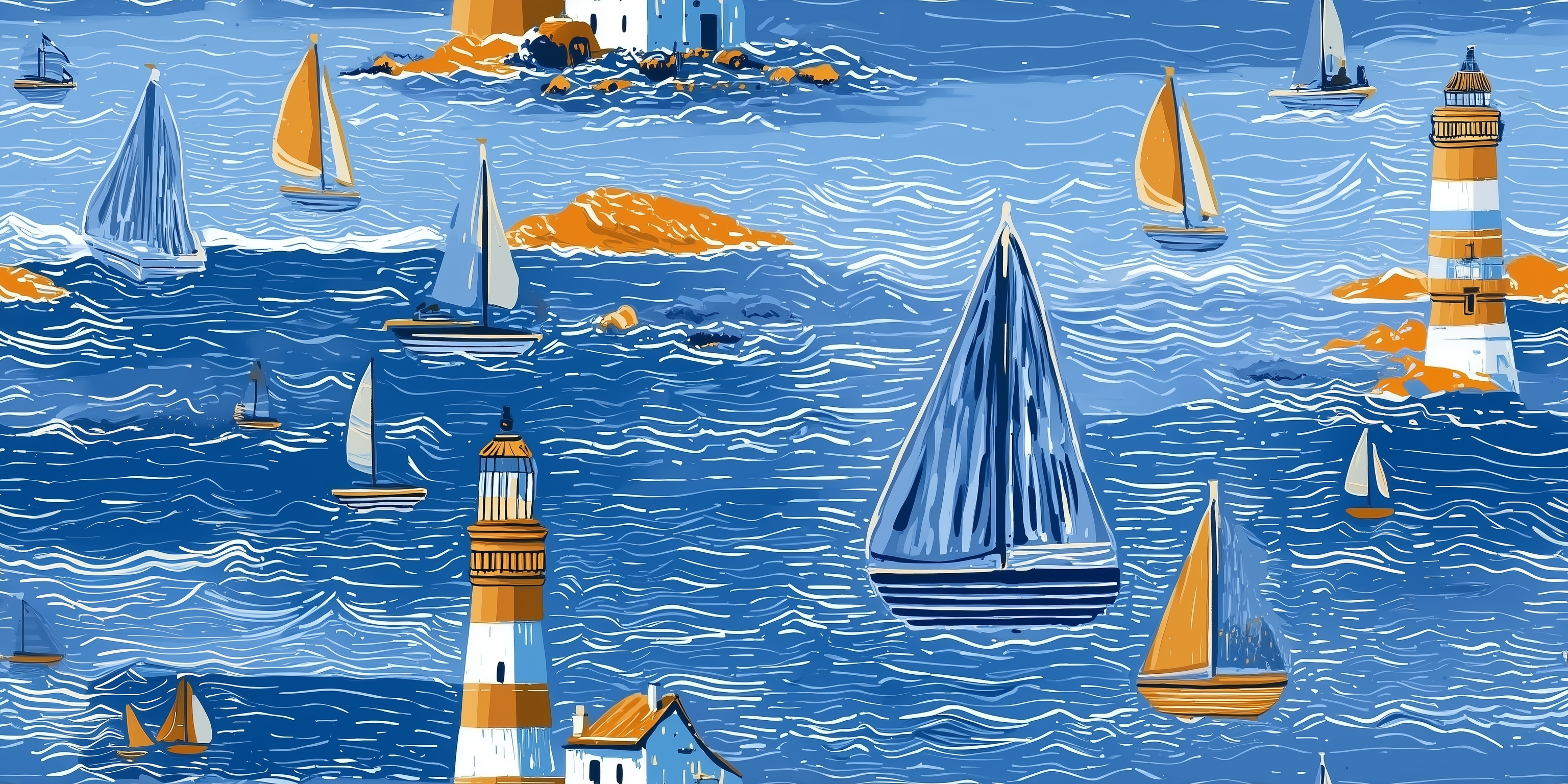 Illustration of sailboats and lighthouses in a blue ocean setting