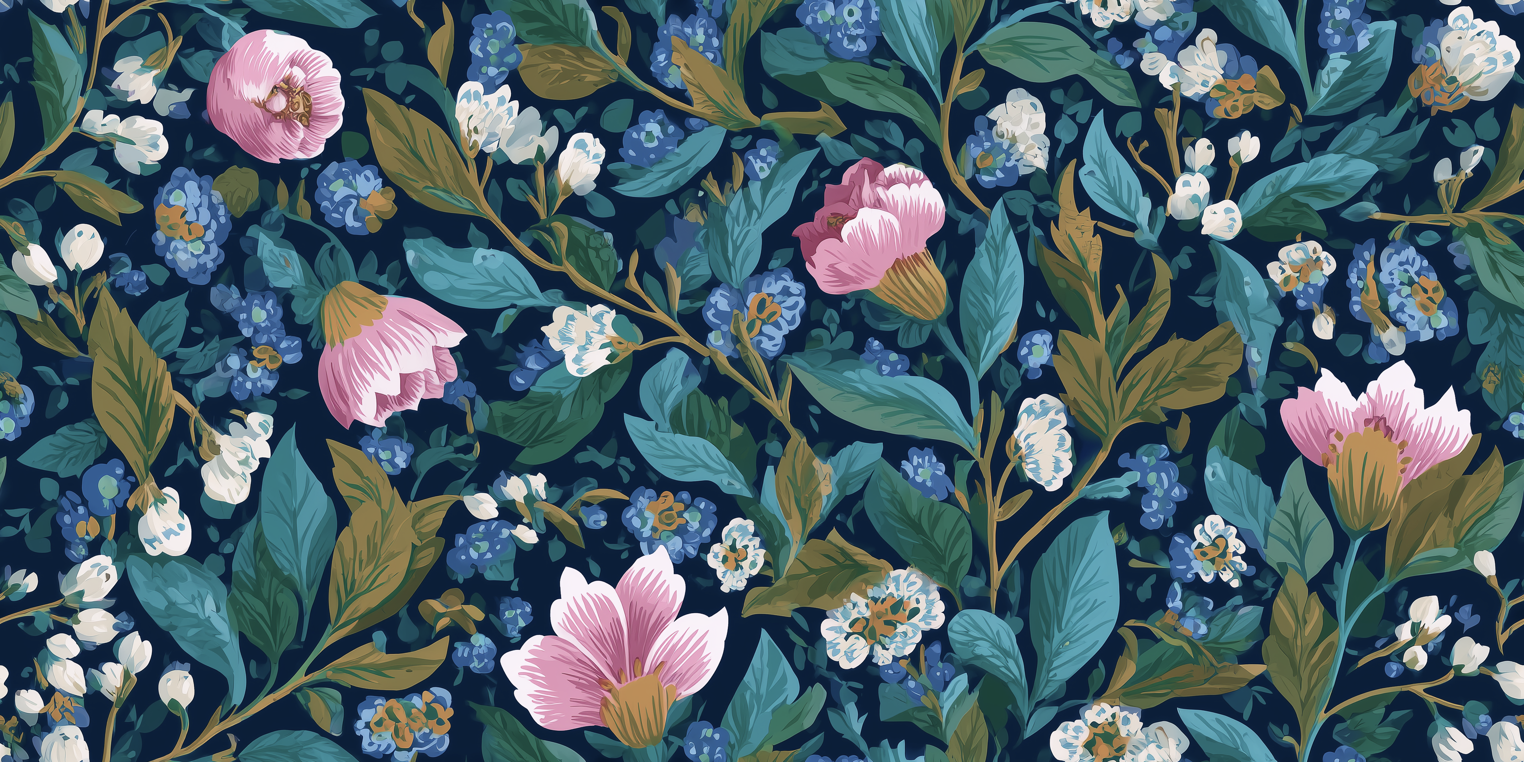 Floral pattern with pink, blue, and white flowers on a dark blue background