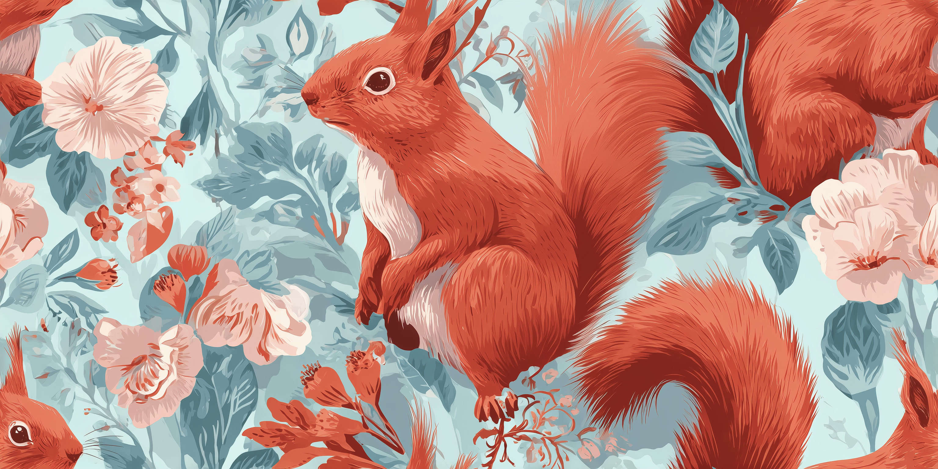 Red squirrel surrounded by flowers and leaves on a light blue background
