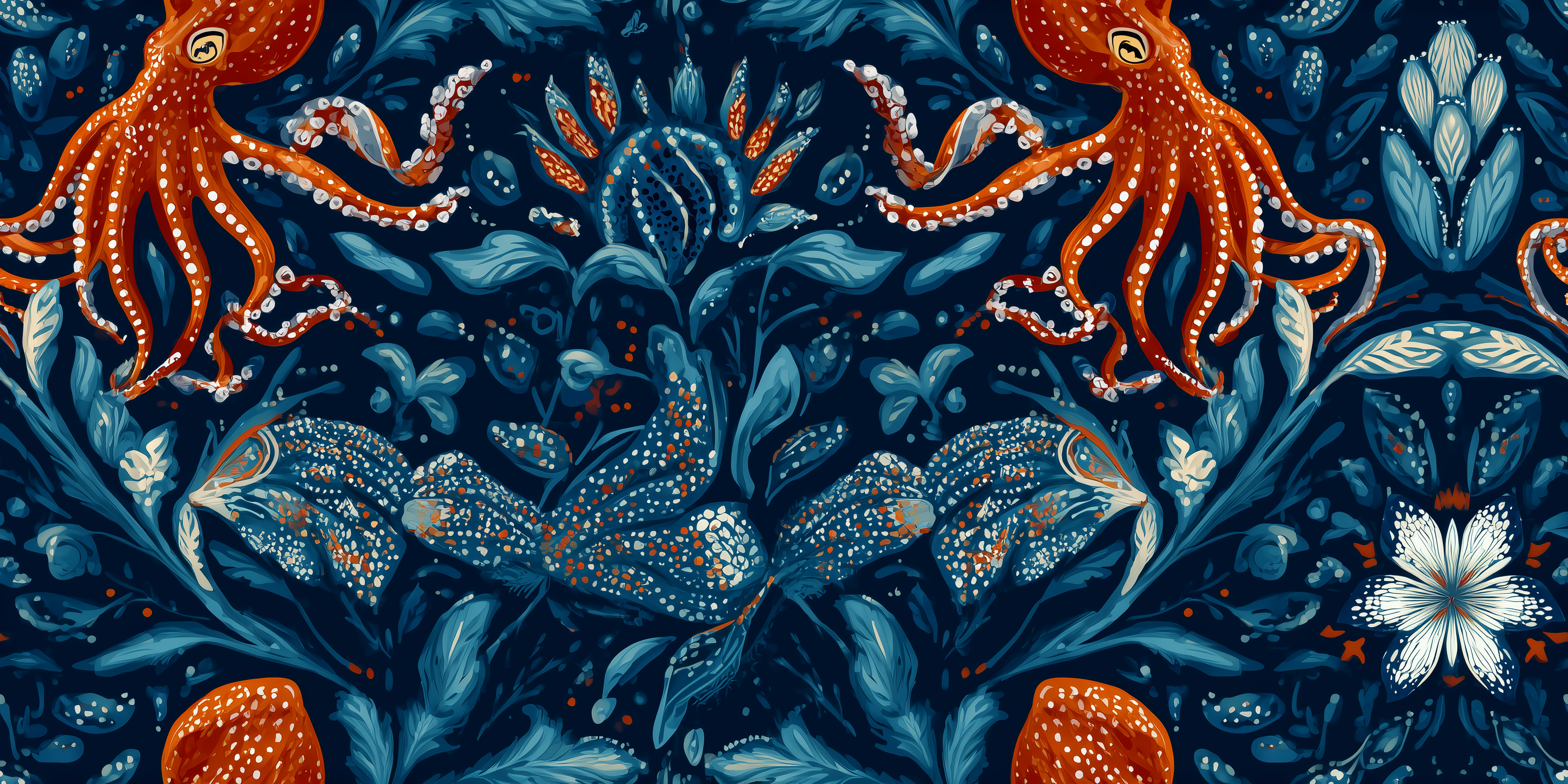 Nautical-themed pattern with octopuses, fish, and sea creatures on a dark blue background.