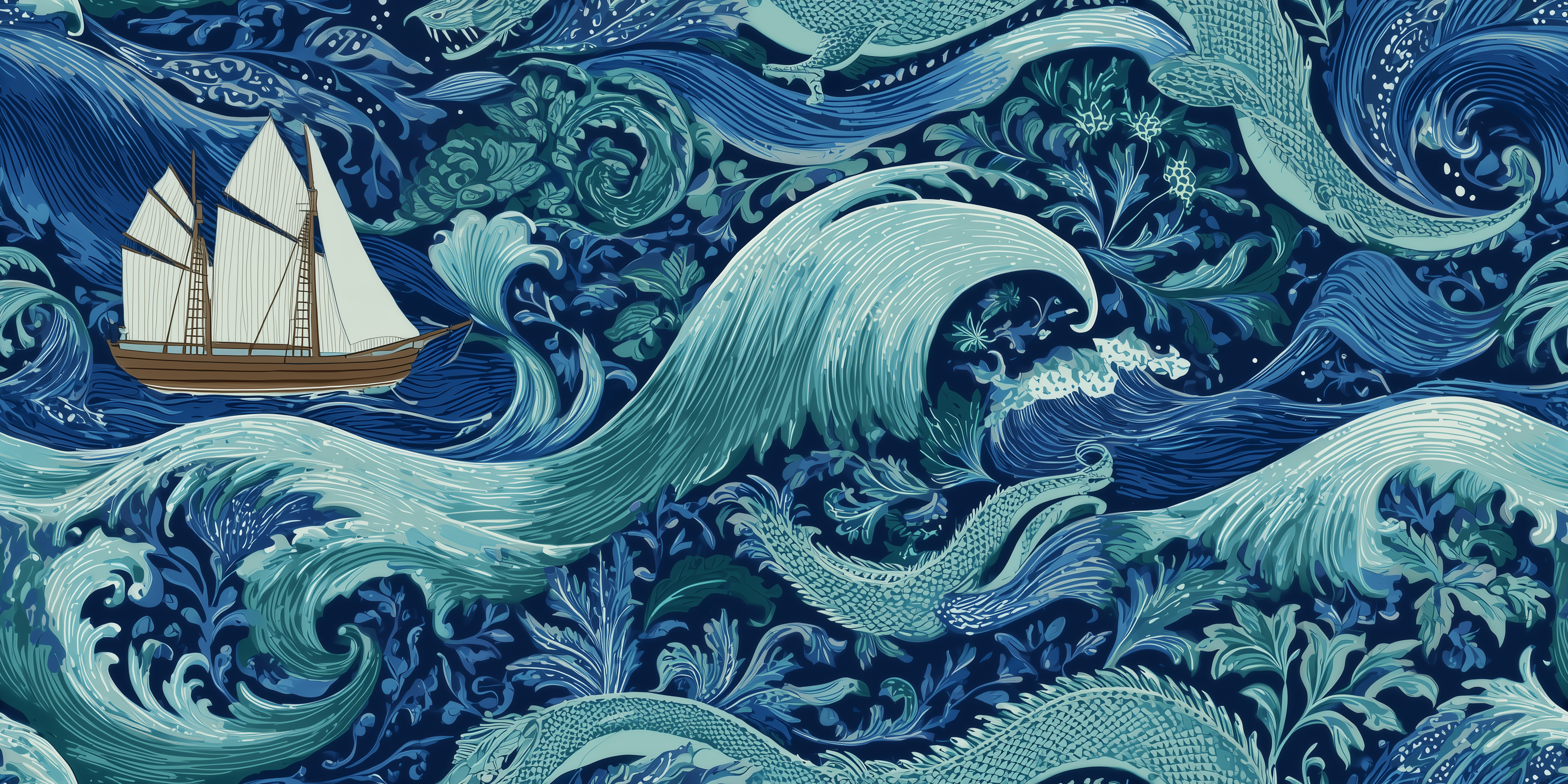 Decorative pattern with ship on blue waves
