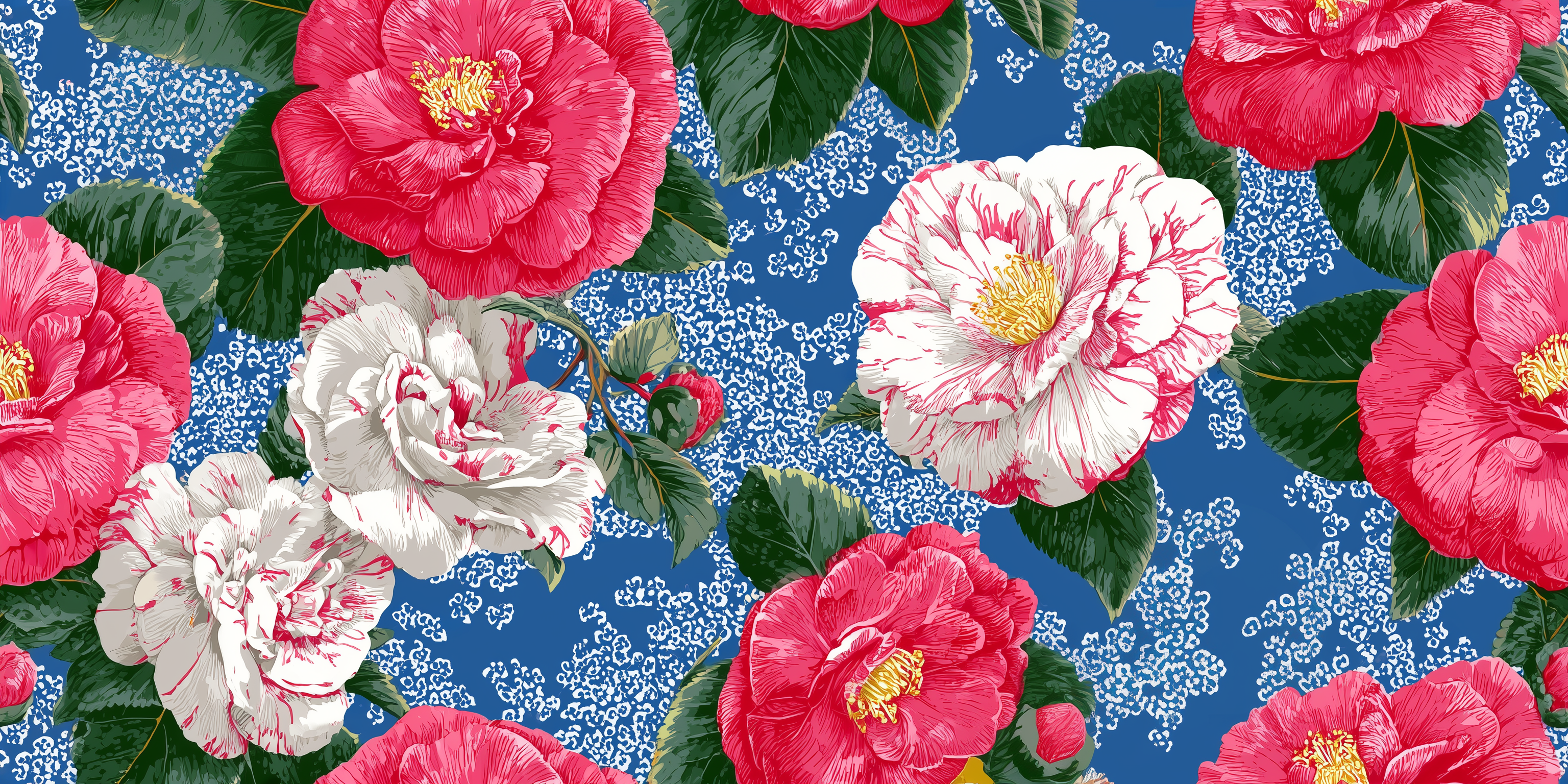 Pattern of pink, white, and red flowers on a blue background with white floral design.
