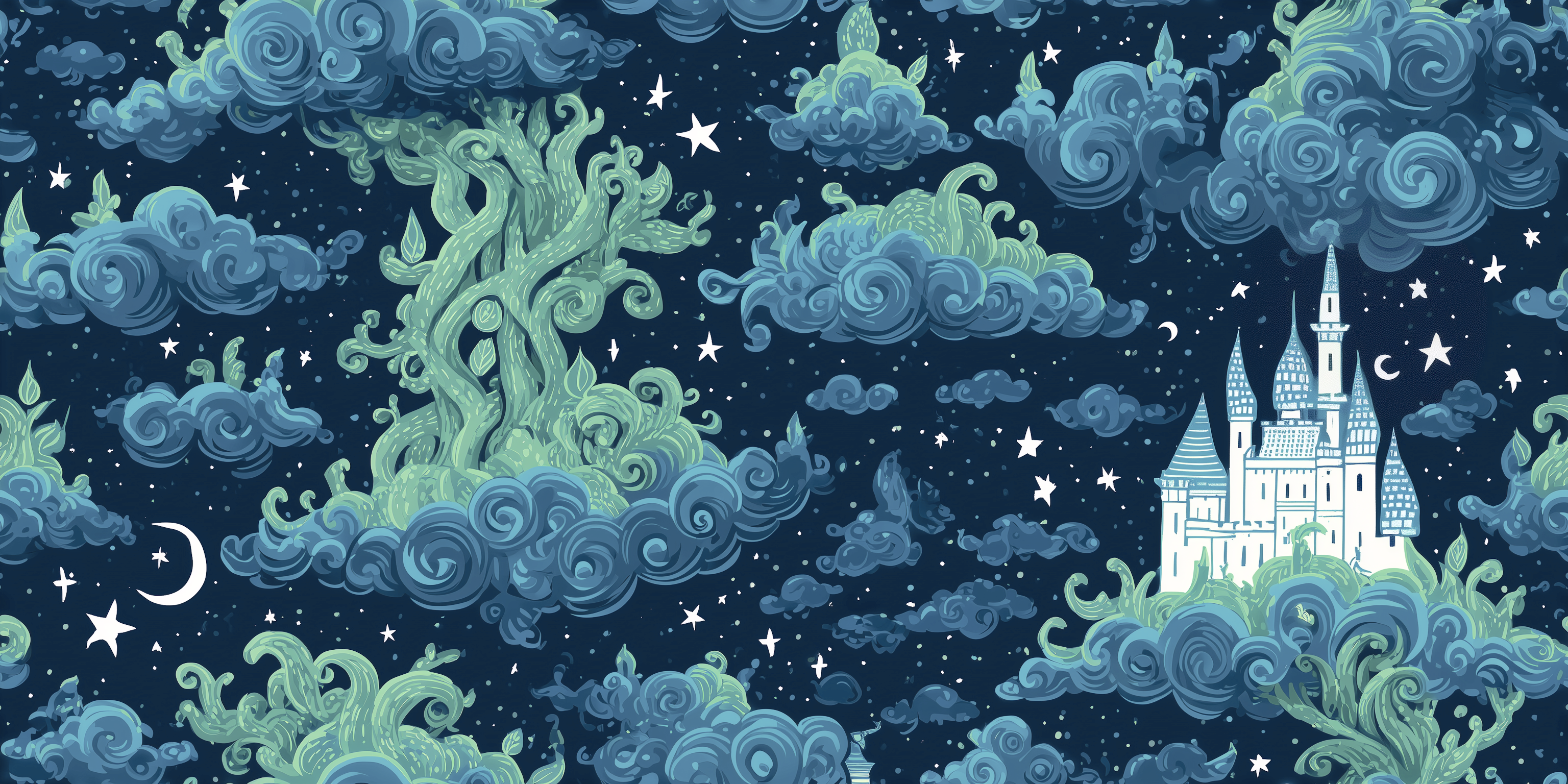 Fantasy landscape with clouds, beanstalks, stars, and a castle.
