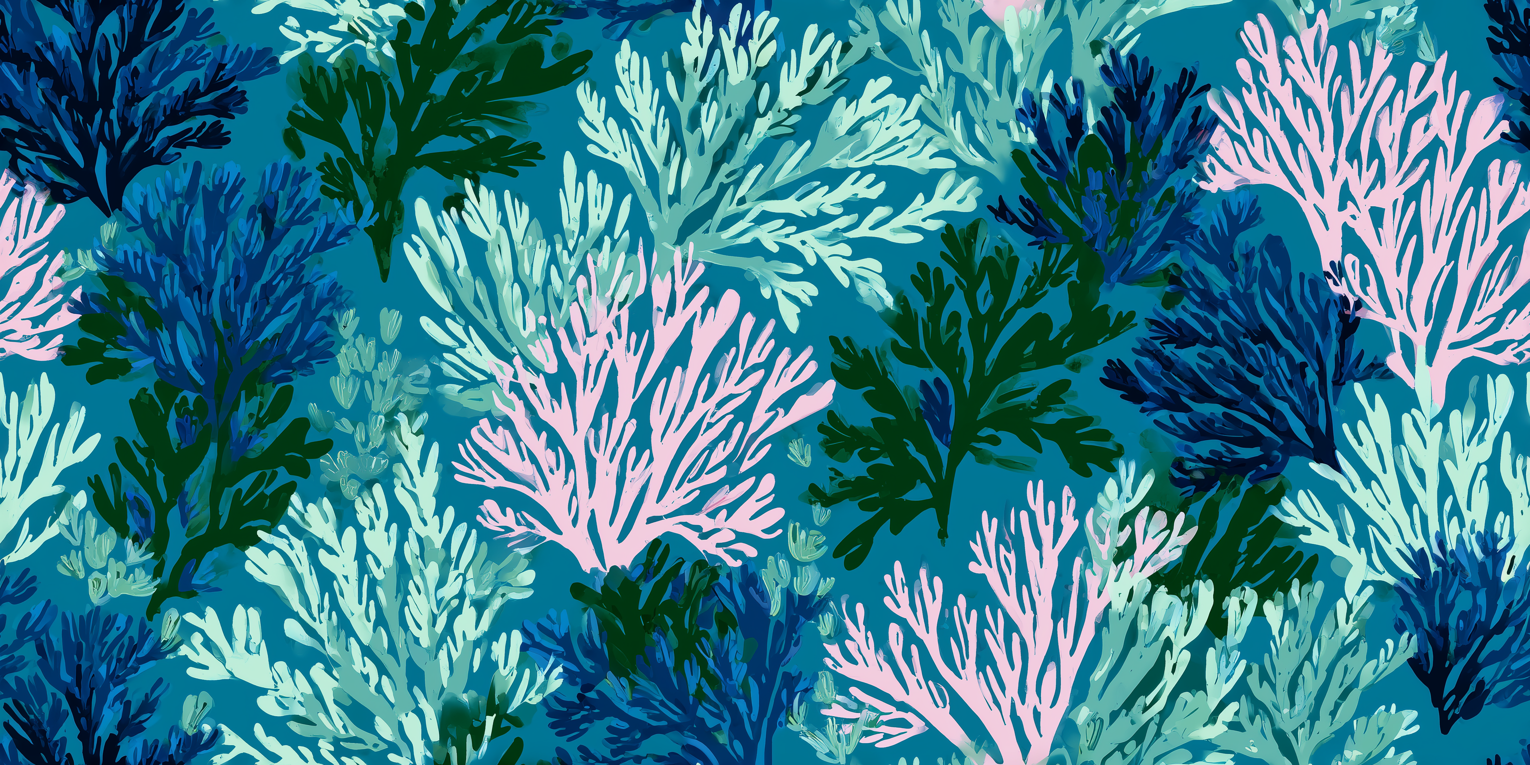 Pattern of colourful seaweed on a blue background