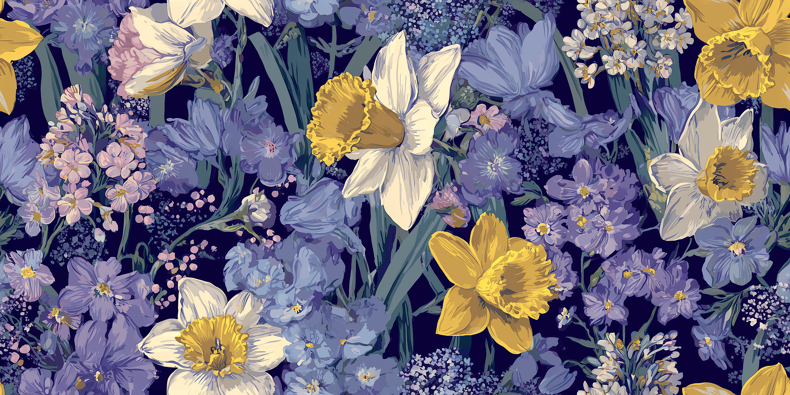 Pattern of yellow and white daffodils with purple and blue flowers on a dark background