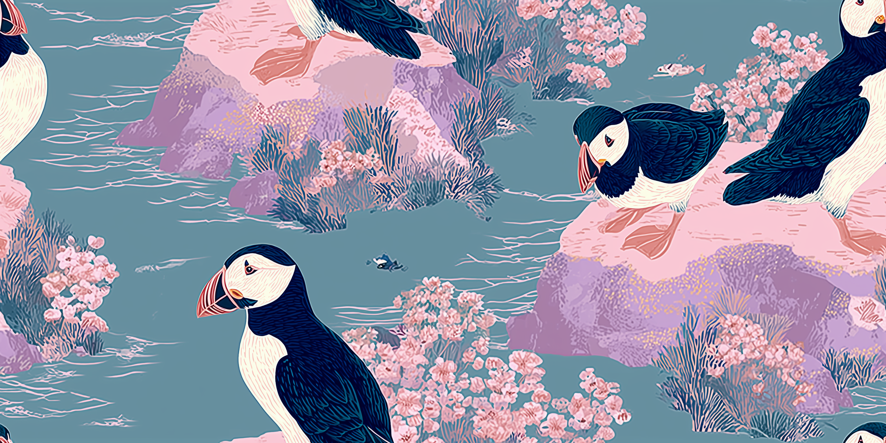 Illustration of puffins on rocks with pink flowers in a stylized pattern.