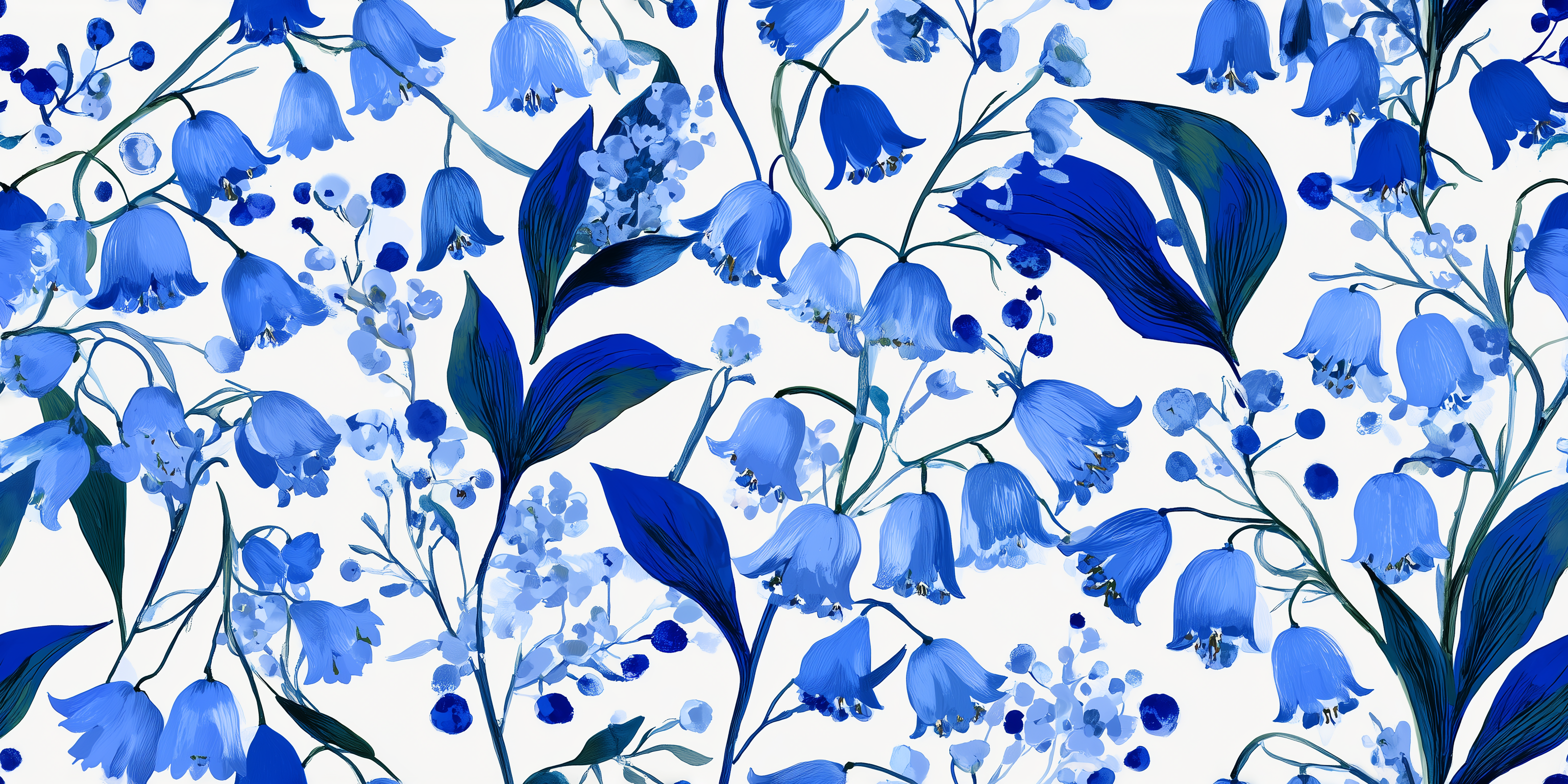 Pattern of blue flowers and leaves on a white background