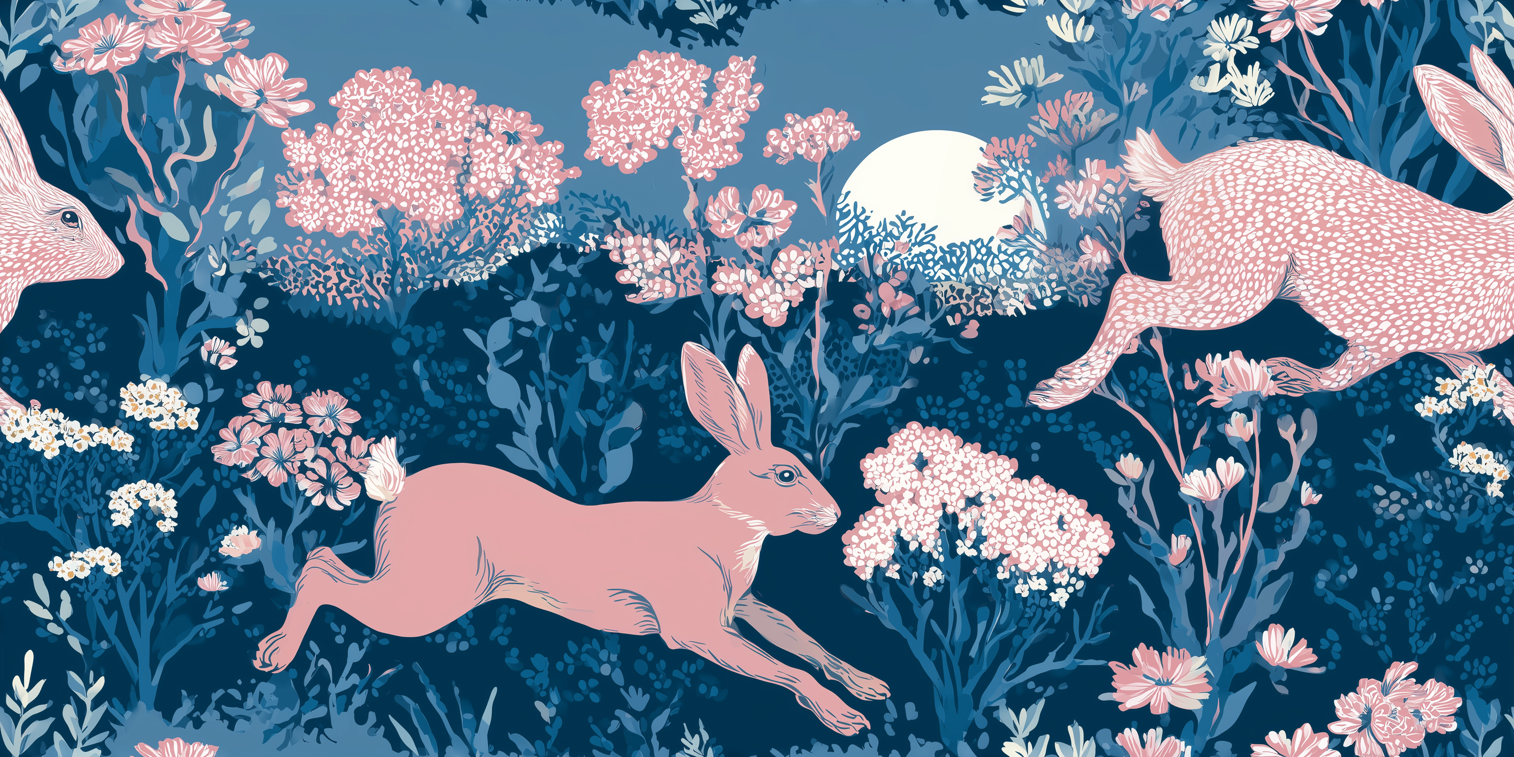 Illustration of rabbits and flowers on a blue background