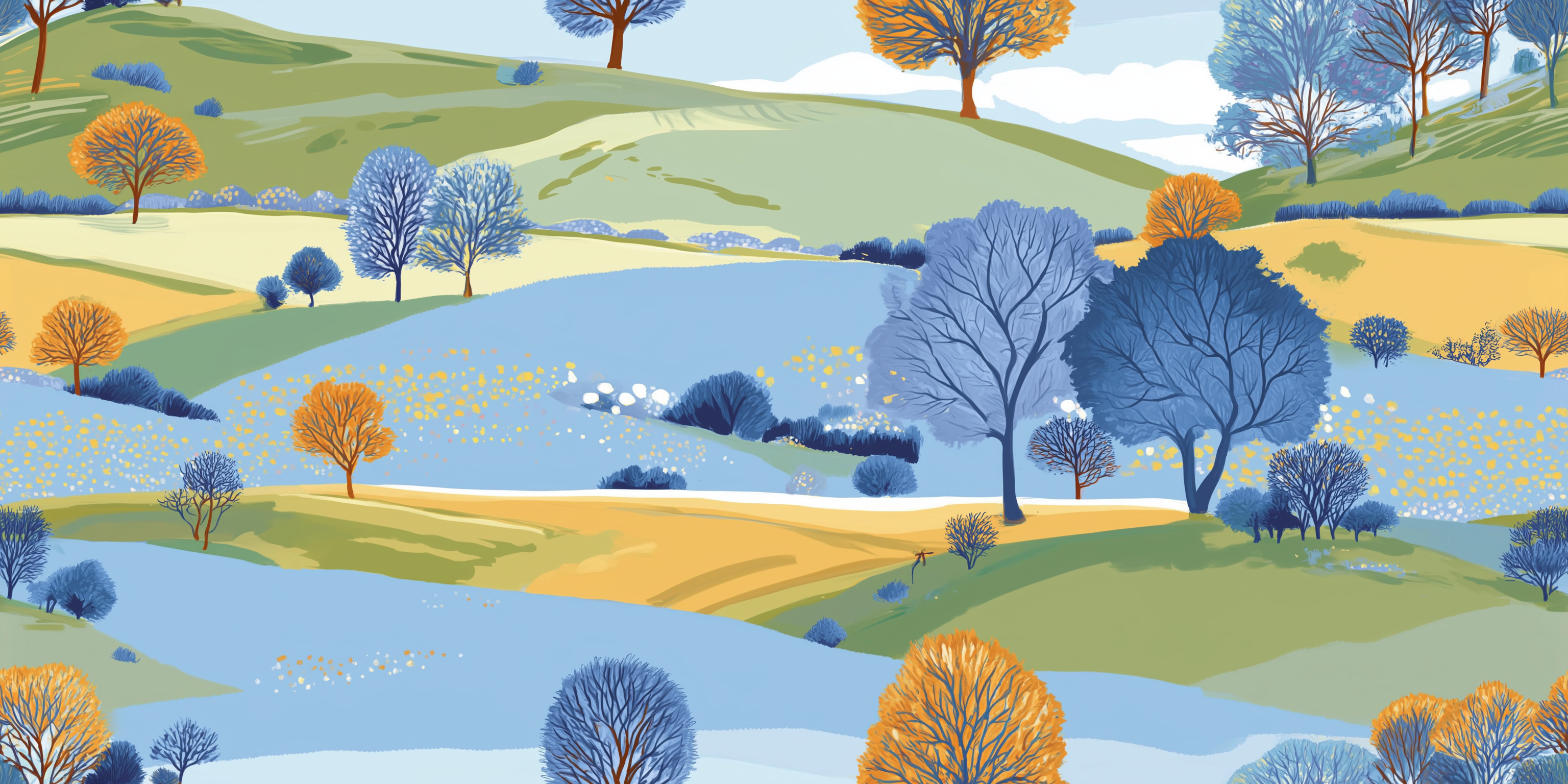Colorful landscape with trees and fields