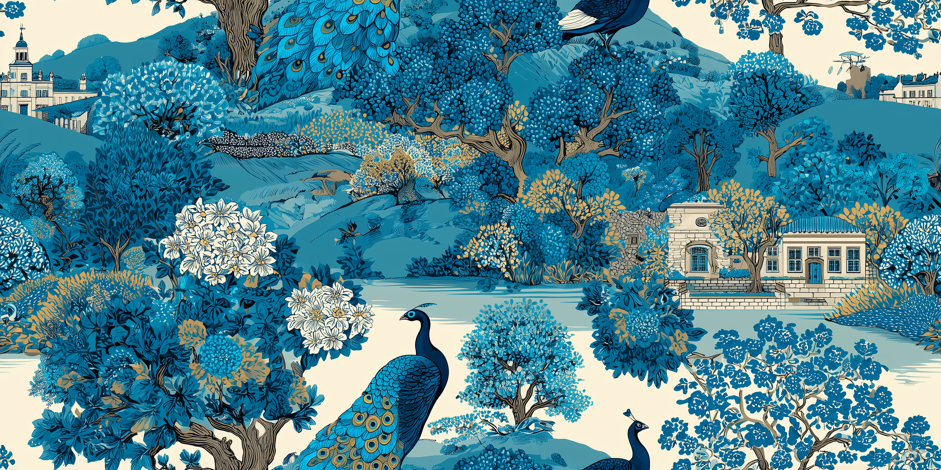 Decorative pattern with peacocks, trees, and buildings in a stylized landscape.