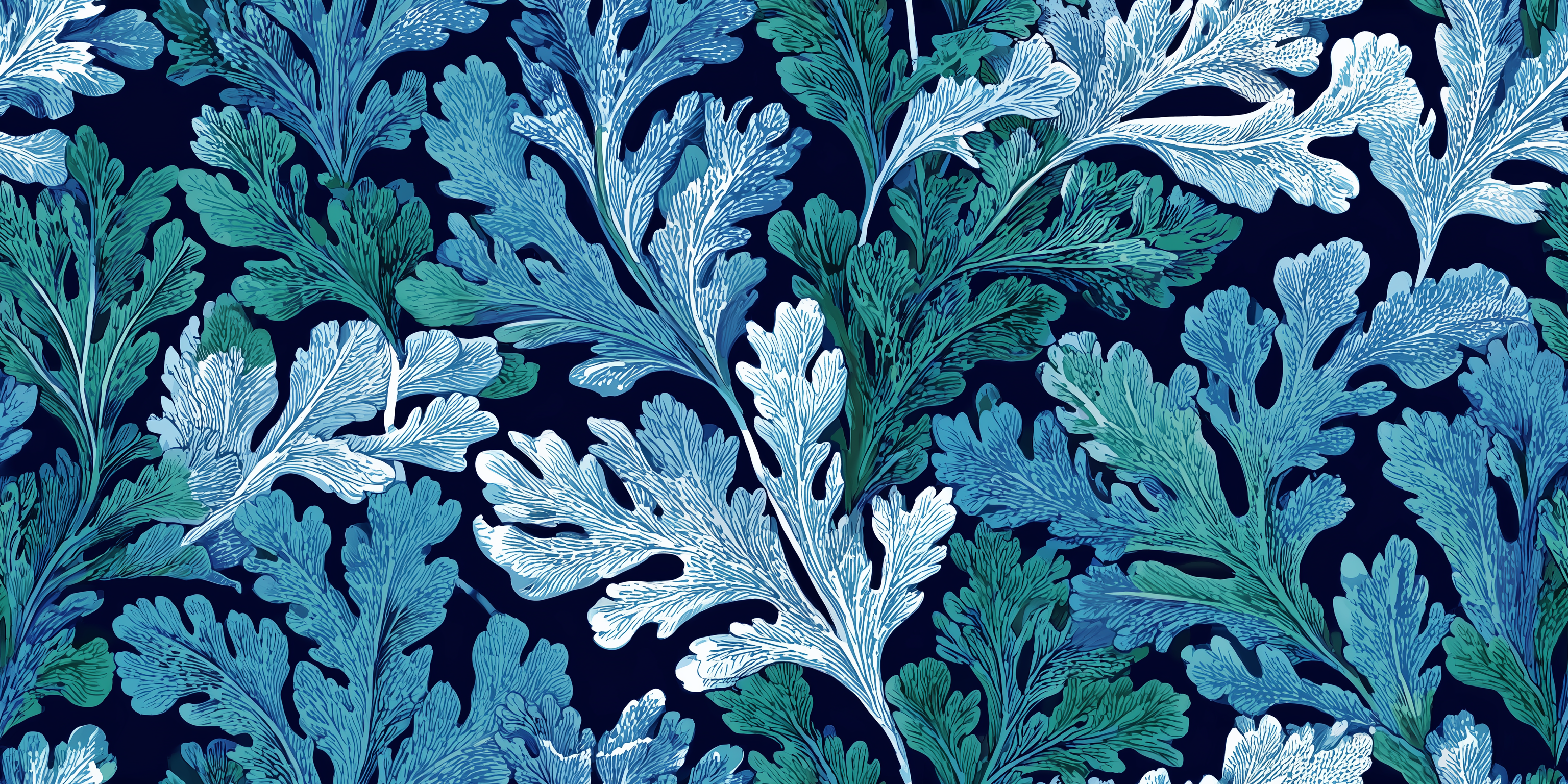 seaweed pattern in blue and green on a dark background