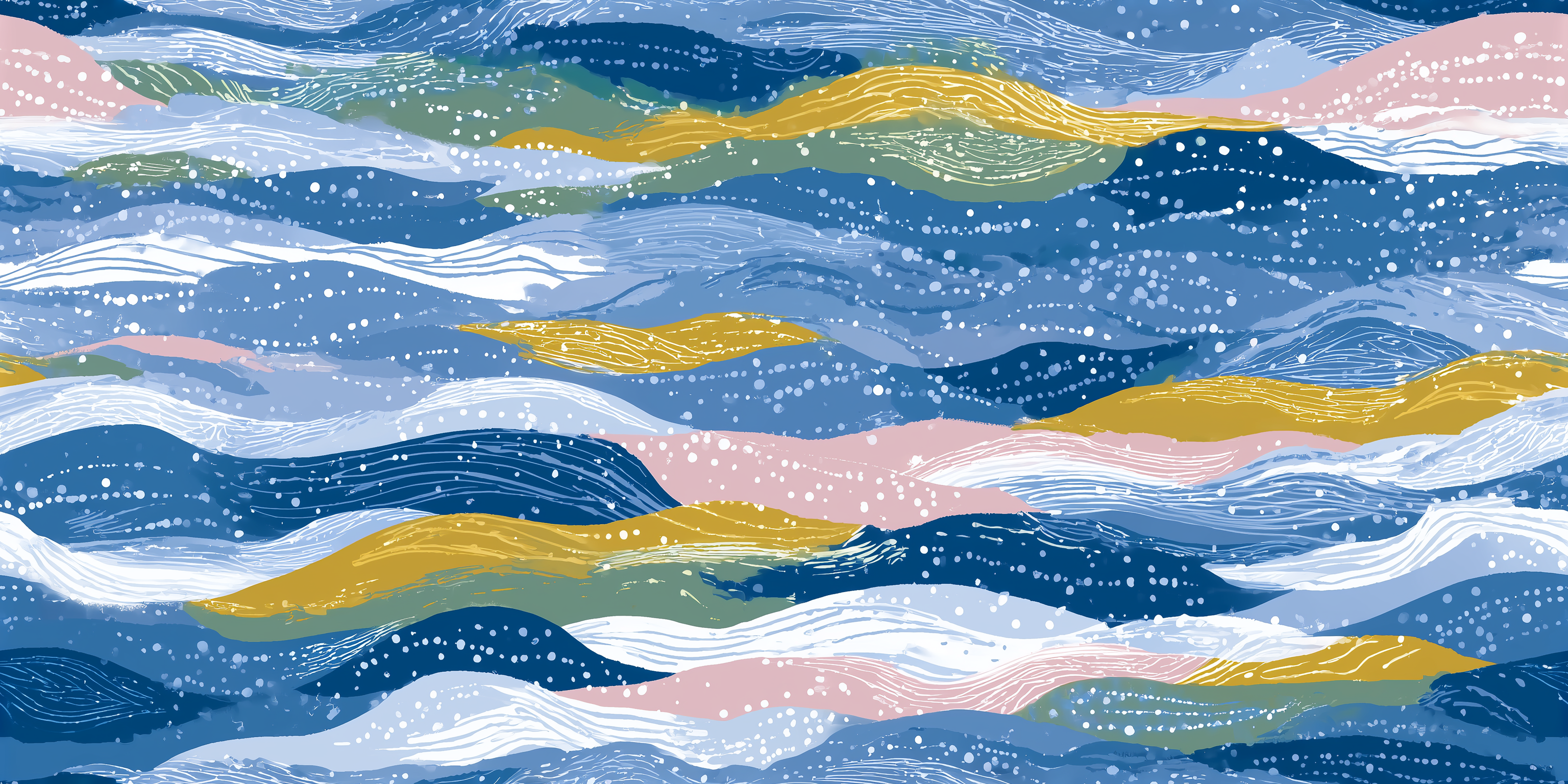Colourful sea wave pattern with blue, yellow, and pink tones on a white background