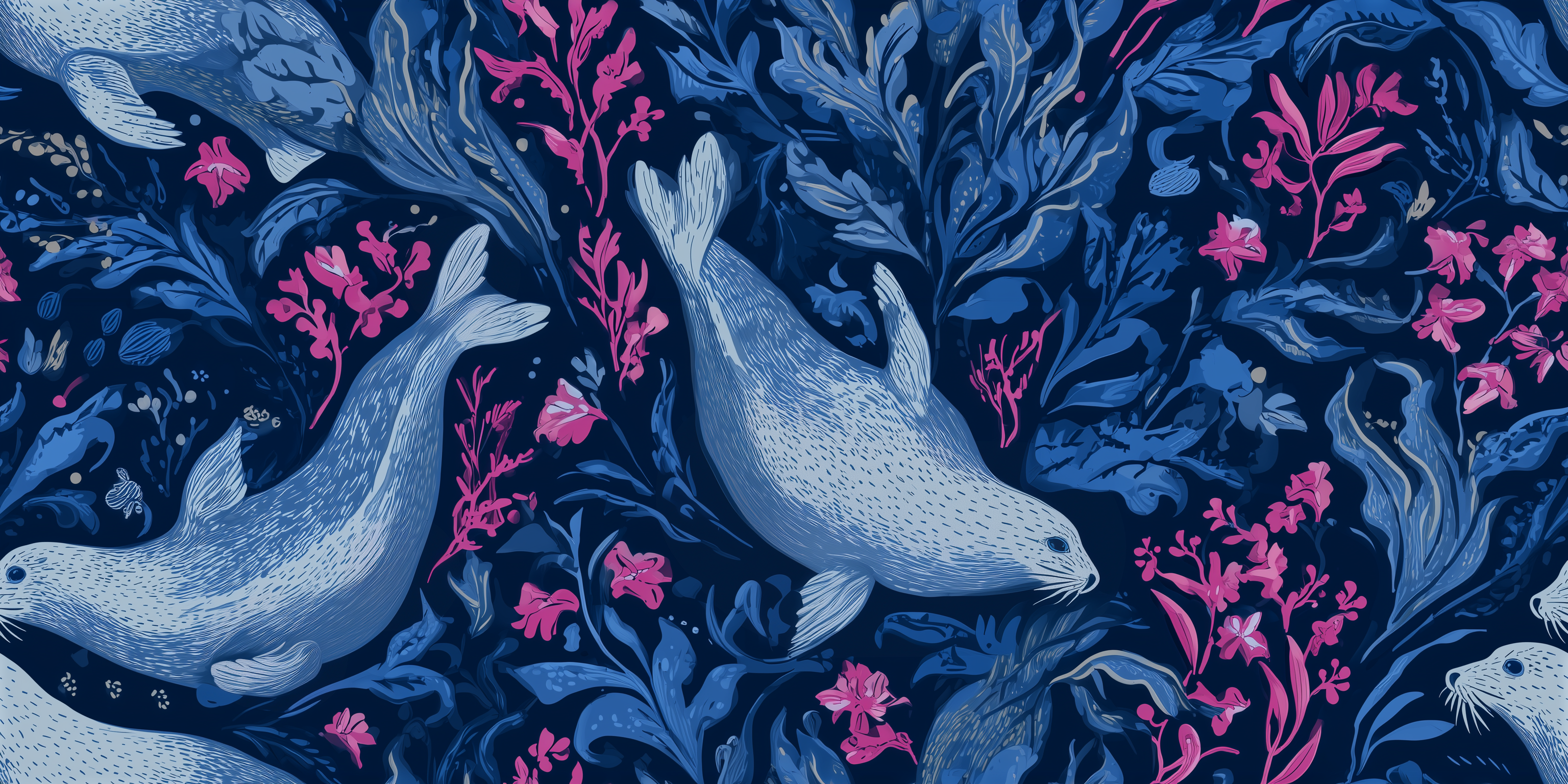 Pattern of seals and pink flowers on a blue background