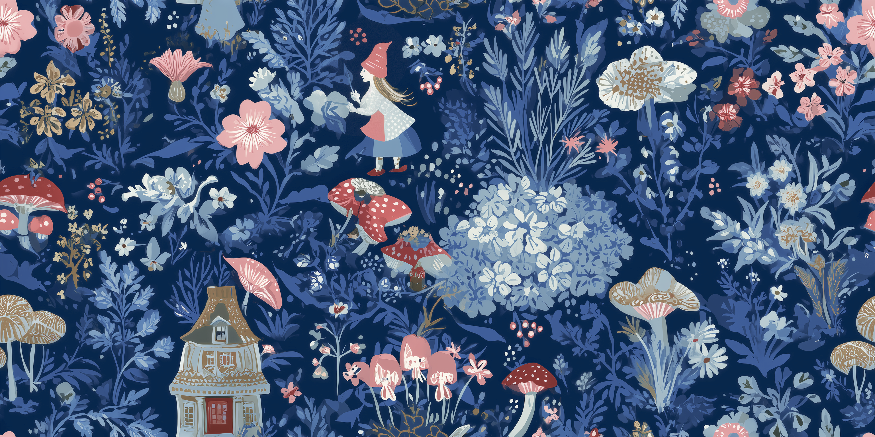 Fantasy pattern with fairies/pixies, flowers, and small houses on a dark blue background