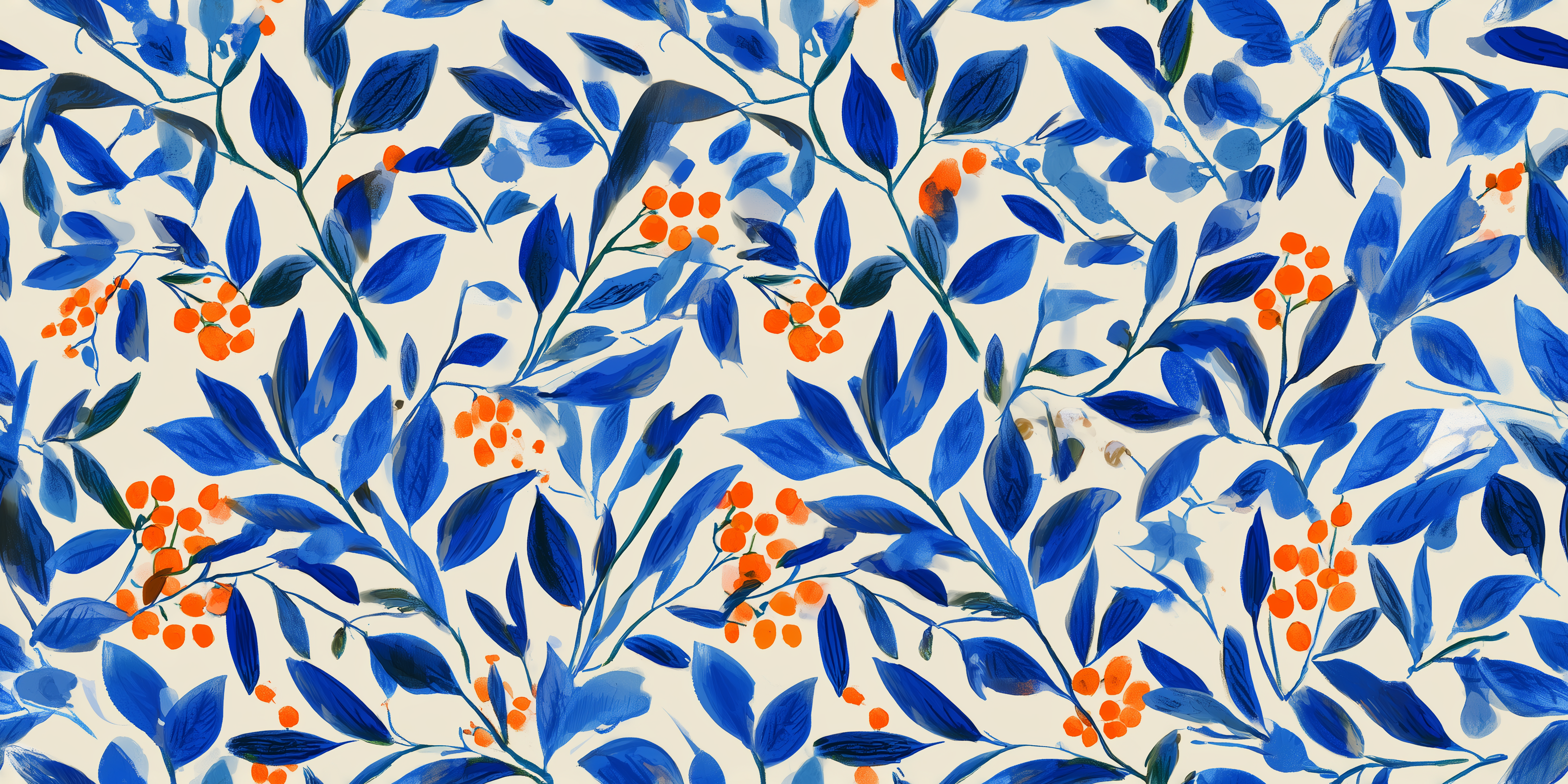 Pattern of blue leaves and orange berries on a white background