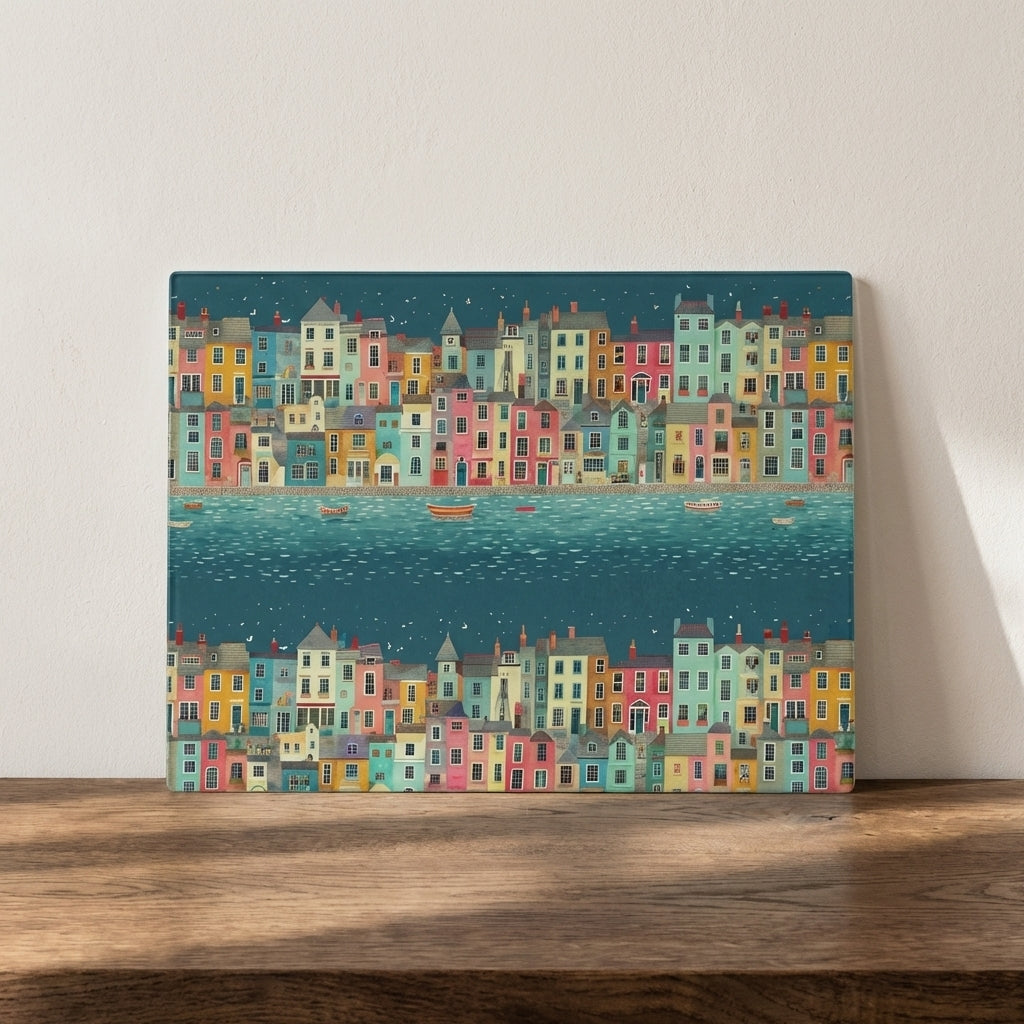 Harbour of Many Colours – Cornish Harbour Print Glass Worktop Saver