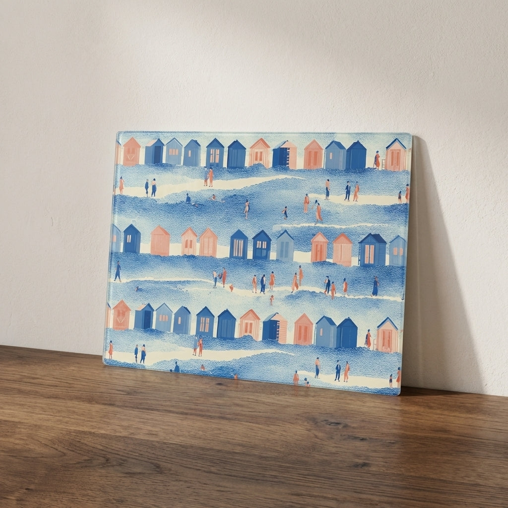 Jolly Days at The Beach – Seaside Beach Huts Print Glass Worktop Saver