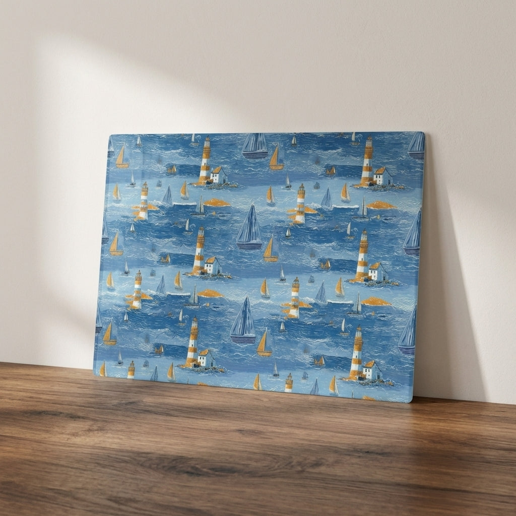 Under Watchful Lights – Lighthouse & Sailing Print Glass Worktop Saver