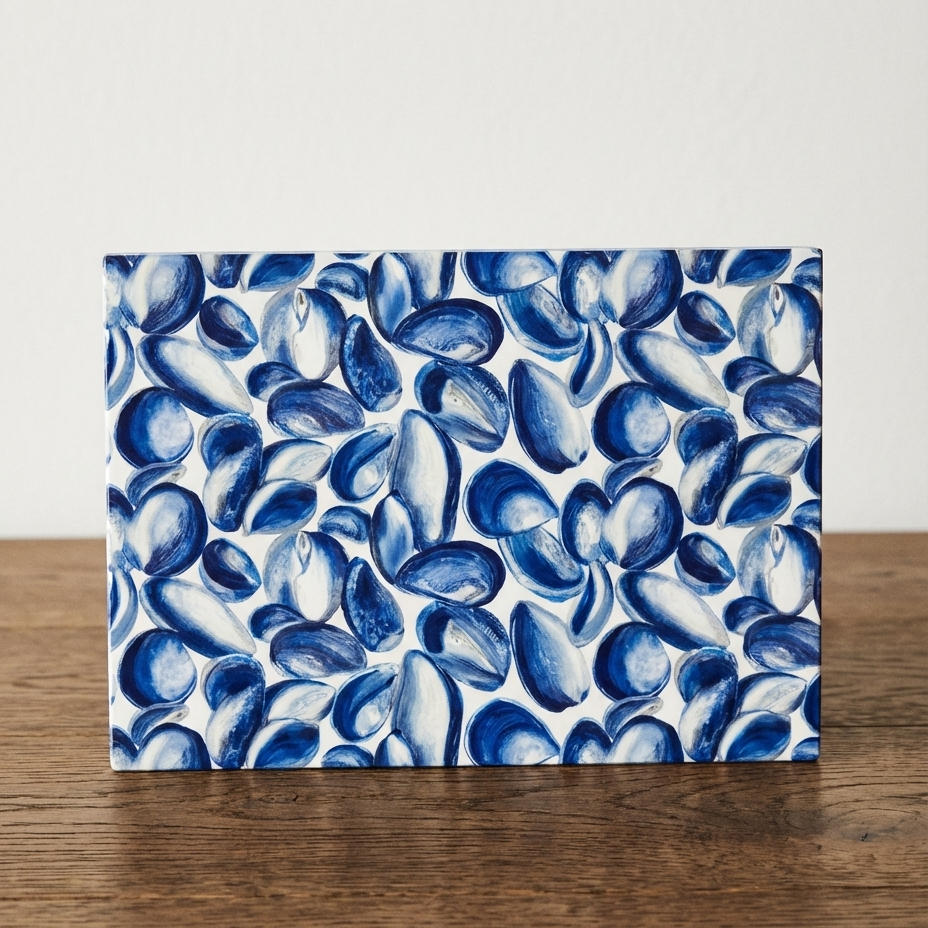 mussel shells in blue and white pattern on a wooden surface