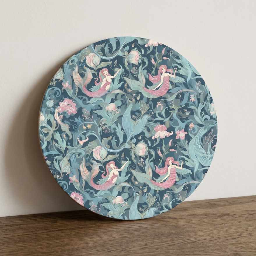 Round decorative board with mermaid pattern on a wooden surface