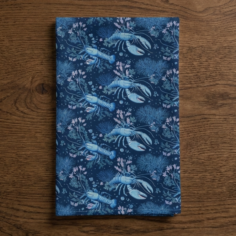 Beneath Cornish Tides – Lobster Print Cotton-Linen Tea Towel