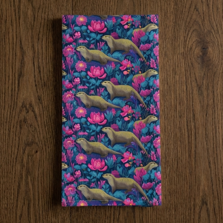 At Play by the Riverbank – Otter Print Cotton-Linen Tea Towel