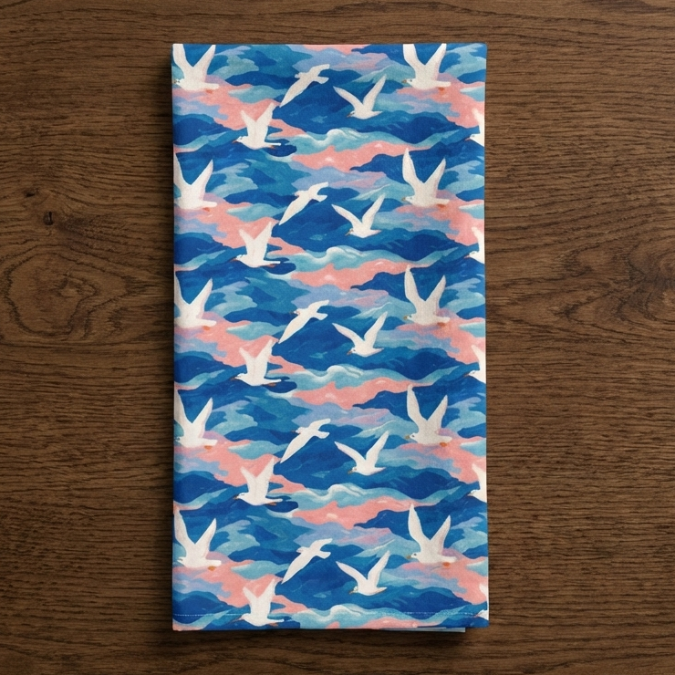 Carried on the Wind – Coastal Seagull Print Cotton-Linen Tea Towel